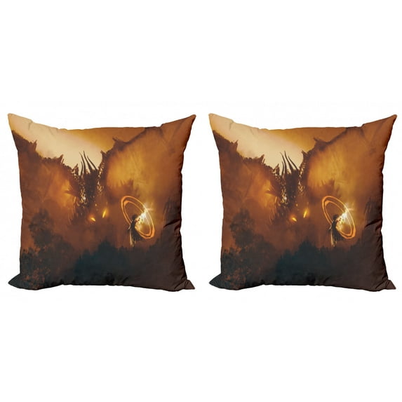 Fantasy Throw Pillow Cushion Cover Pack of 2, Calling of the Dragon Magician for Evil Powers of the Universe Artwork Print, Zippered Double-Side Digital Print, 4 Sizes, Orange Brown, by Ambesonne