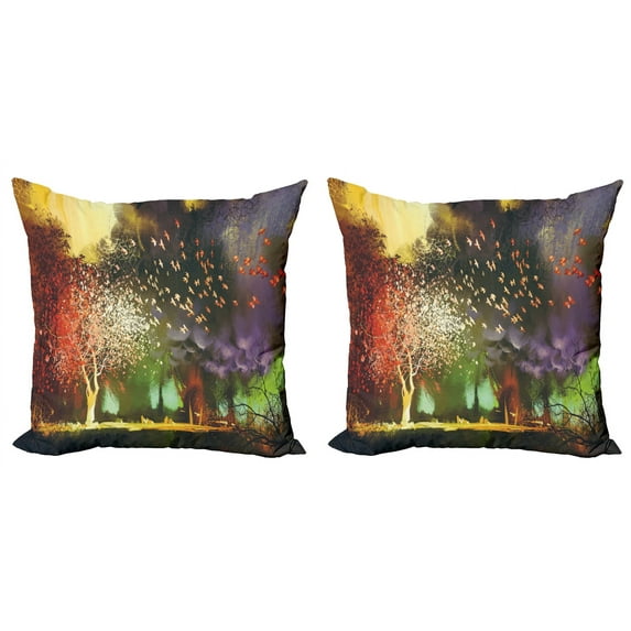 Ambesonne Fantasy Throw Pillow Cover 2 Pack, Mysterious Trees Birds, 20", Yellow Purple