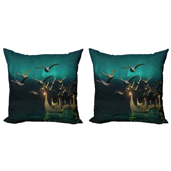 Ambesonne Fantasy Throw Pillow Cover 2 Pack, Elf Boats Birds Swans, 20", Sand Brown Dark Teal