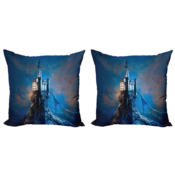 Ambesonne Fantasy Throw Pillow Cover 2 Pack, Castle Hill Top, 20", Blue Pale Orange Cream