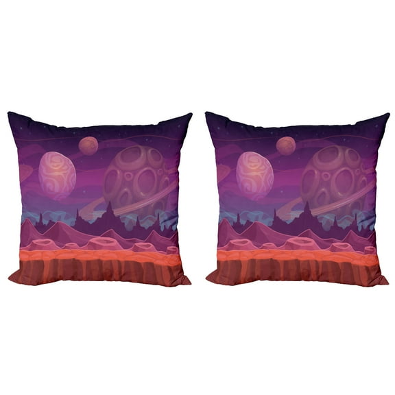Ambesonne Fantasy Throw Pillow Cover 2 Pack, Alien Dreamy Landscape, 16", Purple Vermilion