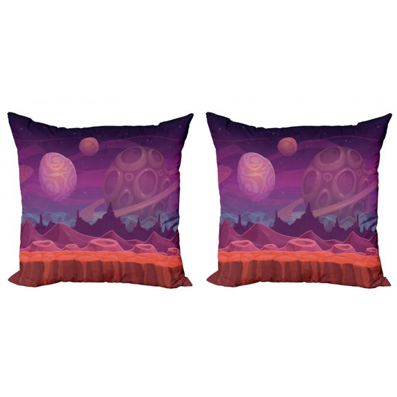 Ambesonne Fantasy Throw Pillow Cover 2 Pack, Alien Dreamy Landscape, 24", Purple Vermilion