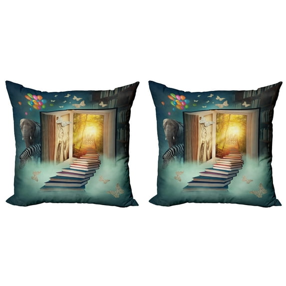 Ambesonne Fantasy Throw Pillow Cover 2 Pack, Magic Book and Animals, 16", Teal and Yellow