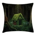 thumbnail image 1 of Fantasy Throw Pillow Cushion Cover, Surreal Little Forest House in Moss Enchanted Woodland with Elves Design, Decorative Square Accent Pillow Case, 24 X 24 Inches, Army and Hunter Green, by Ambesonne, 1 of 2