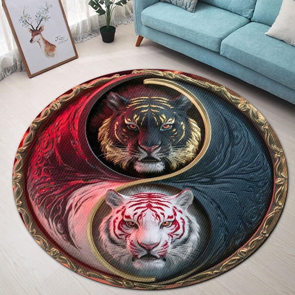 Fantasy Tiger Pattern Round Area Rug, vibrant feline circle carpet for office, gaming setup or studio, soft washable non-slip floor mat, stylish jungle themed home décor