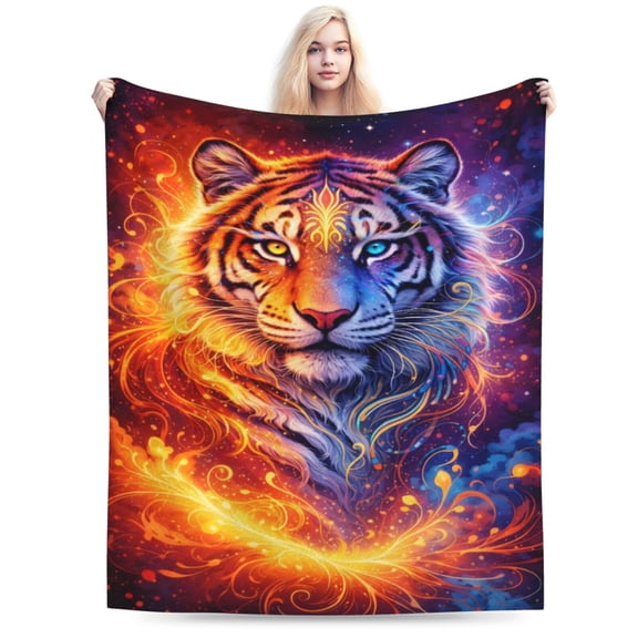 Fantasy Tiger Throw Blanket, Fire and Ice Tiger Art Fleece Blanket, Colorful Wild Animal Decorative Blanket for Sofa Bed 50x40