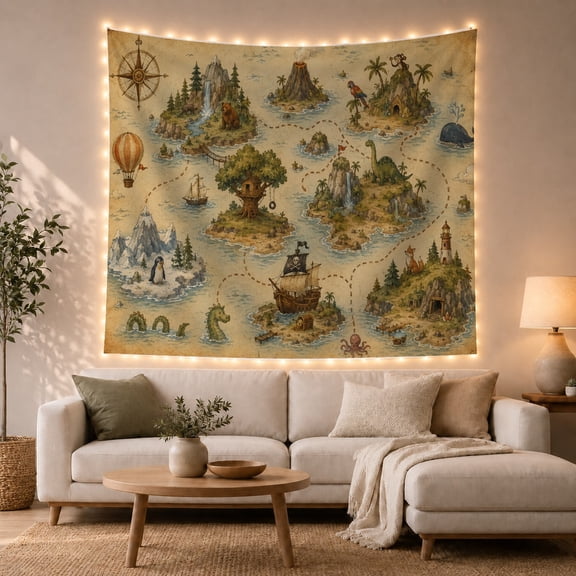Fantasy Treasure Map Islands on a Teal Ocean, Whimsical Illustration for Ocean Lovers, Nautical Storybook Wall Art, Housewarming Gift Tapestry Wall Hanging for Bedroom and Living Room