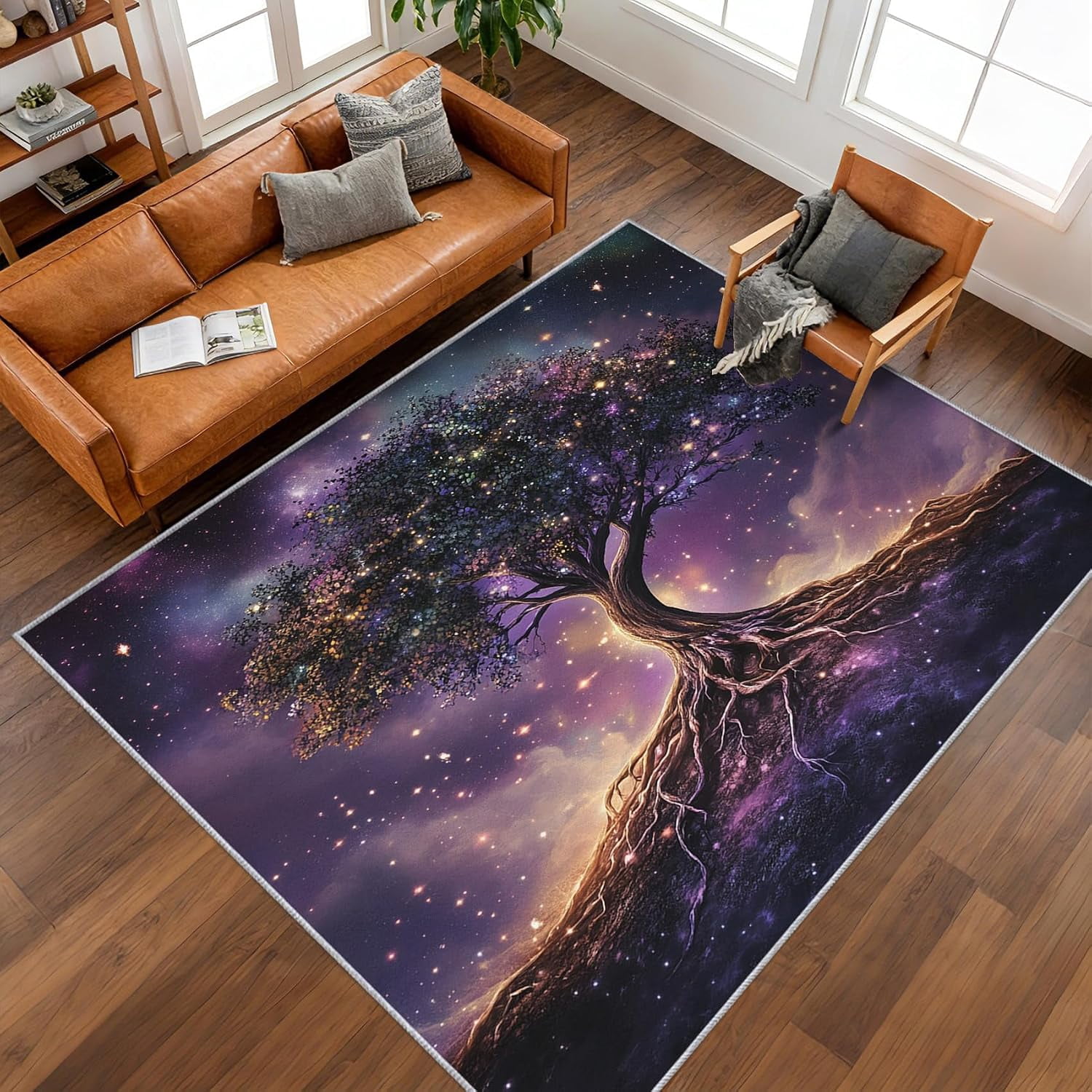 Fantasy Tree Area Rugs, Purple Starry Sky Tree of Life Carpet, Washable ...