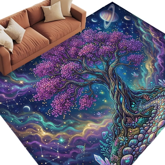 Fantasy Tree Galaxy Area Rug 5x7 Washable Rug Non Slip Neon Plants Abstract Sky Stars Large Area Rug Soft Stainresistant Indoor Floor Carpet for Living Room Bedroom Home Office Dining Room Nursery