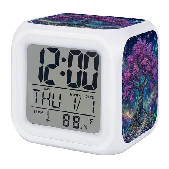 Fantasy Tree Galaxy Digital Alarm Clock for Bedrooms, Smart LED Alarm Clock with 7 Color Changing Night Light, Neon Plants Abstract Sky Stars Silent Wake Up Clocks for Sleep Study Cooking 3.2"x3.2"