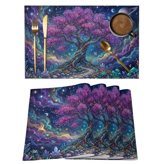 Fantasy Tree Galaxy Placemats Set of 8 Neon Plants Abstract Sky Stars Place Mats Indoor Wipeable Table Mats Washable Cloth Dining Table Placemats for Kitchen Holiday Party Home Decor 13x19 Inch