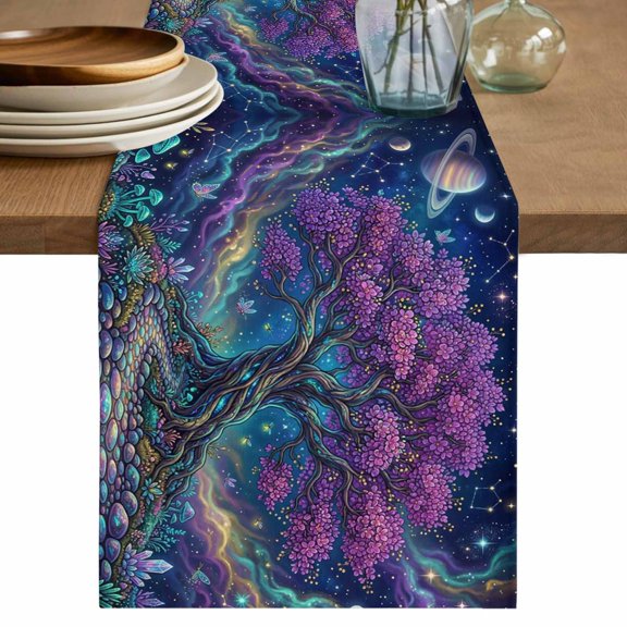 Fantasy Tree Galaxy Table Runner 70 Inches Long,Neon Plants Abstract Sky Stars Cotton Linen Table Runners Dresser Scarves,Fabric Tabletop Scarf Furniture Cover for Home Dinner Party 13"x70"