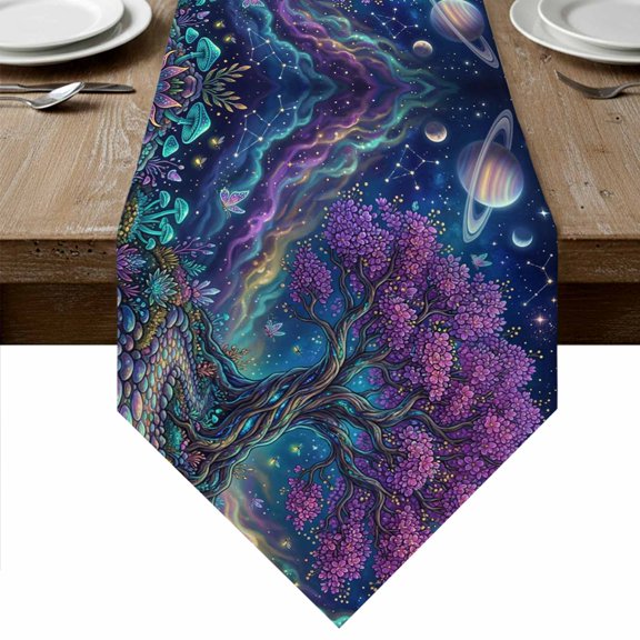 Fantasy Tree Galaxy Table Runner Linen Burlap Table Runner 48 Inches Long Neon Plants Abstract Sky Stars Dresser Scarves for Kitchen Island Coffee Dining Room Party Wedding Holiday Decor 13"x48"