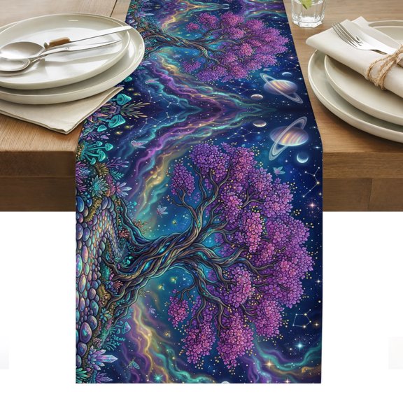 Fantasy Tree Galaxy Table Runner Neon Plants Abstract Sky Stars Tablerunners 13 x 48 Inch, Table Decorations Tabletop Scarf for Summer Gathering Holiday Farmhouse Kitchen Dining Decor