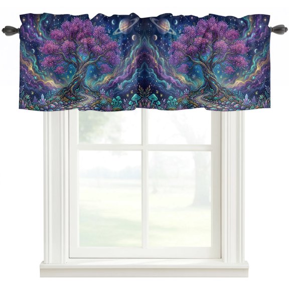 Fantasy Tree Galaxy Valances for Windows Farmhouse Kitchen Curtains Valances Rod Pocket Valance Curtains for Windows Neon Plants Abstract Sky Stars Window Valances for Bathroom Bedroom 42"x12"