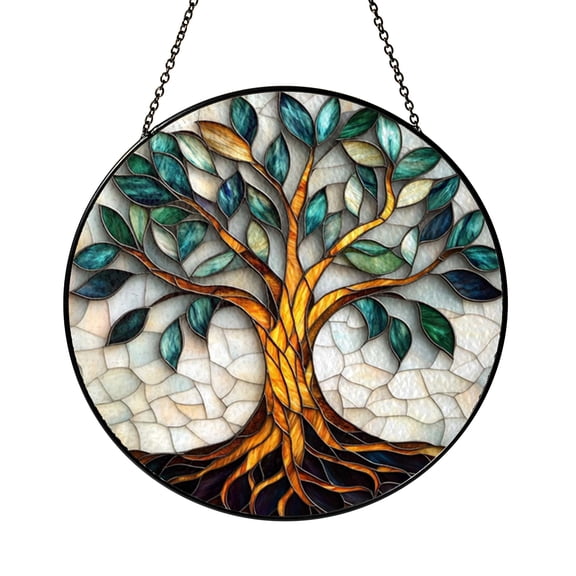 Fantasy Tree Glass Style Window Suncatcher, Green Nature Inspired Hanging Decor, Decorative Tree Art Panel, Stained Glass Look Ornament for Home Window Display and Natural Interior Styling