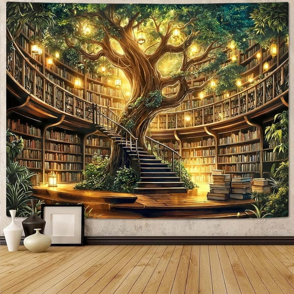 Fantasy Tree Library Tapestry Fairy Forest Bookshelf Tapestries Aesthetic Wall Hanging Vintage Magic Tree of Life Book Large Tapestry for Bedroom Living Room Dorm Classroom 80x60 inch