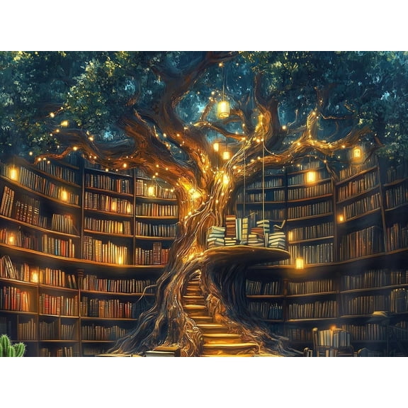 Fantasy Tree Library with Glowing Lanterns Diamond Art Kit - Full Round Drill, DIY Craft for Book Lovers' Home Decor