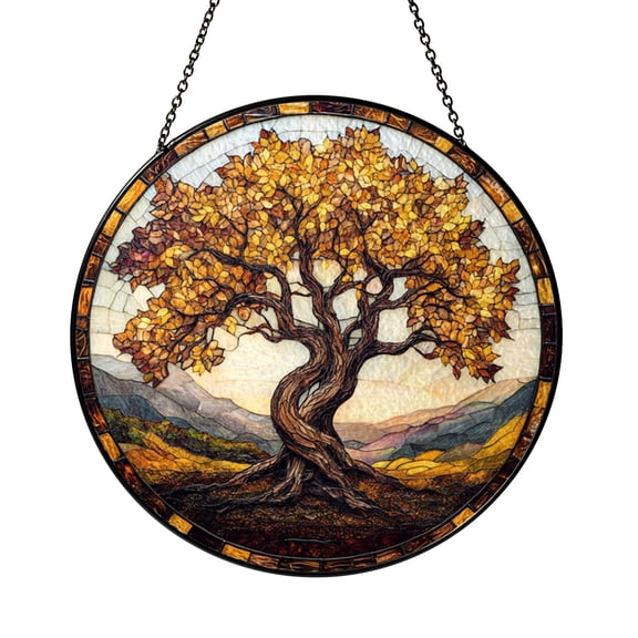 Fantasy Tree Stained Glass Style Suncatcher, Autumn Inspired Window Hanging Decor, Colorful Nature Tree Art Panel, Decorative Glass Style Ornament for Home Window Display and Seasonal Interior Accent