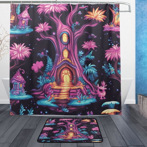 Fantasy Treehouse Bathroom Accessory Sets Waterproof Shower Curtain with Anti-Slip Bath Mat Durable Combo