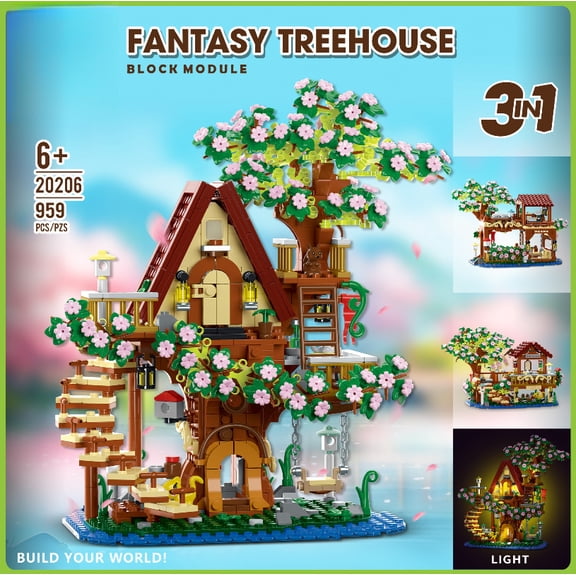 Fantasy Treehouse Building Sets, 959PCS 3 in 1 Enchanted Forest Tree House Model Kit with LED Light, DIY Craft Construction Toy for Kids and Adults Gift