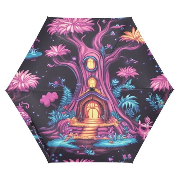 Fantasy Treehouse Folding Umbrella UV50+ Waterproof Sun Protection Auto Open Close Compact Fiberglass Frame