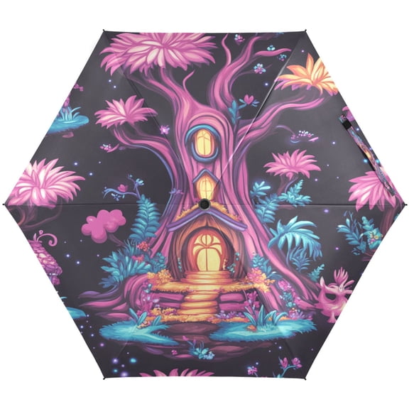 Fantasy Treehouse Umbrellas for Sun Auto Open Close UV50+ Waterproof 5-Fold Compact Fiberglass Frame