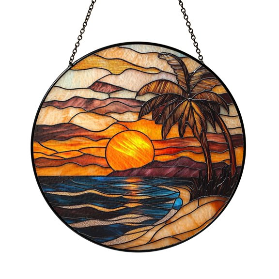 Fantasy Tropical Beach Stained Glass Suncatcher, Sunset Ocean Window Hanging Decor, Palm Tree Art Panel, Coastal Landscape Design, Decorative Home Accent, Gift for Beach Enthusiasts