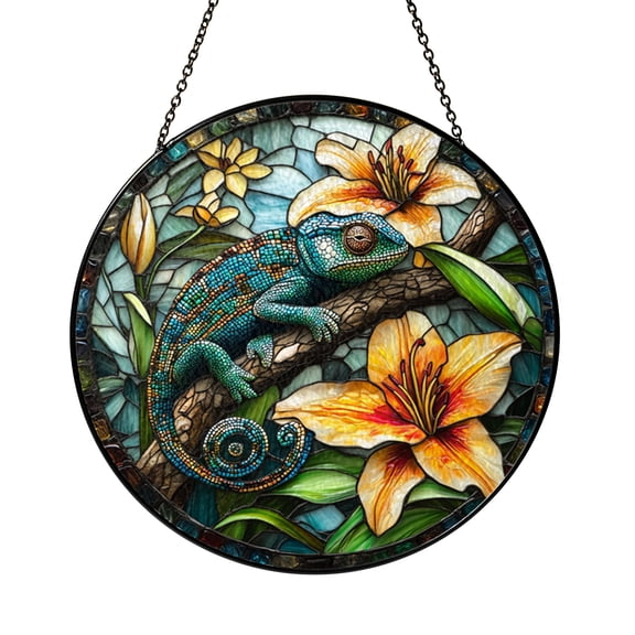 Fantasy Tropical Iguana Stained Glass Decorative Suncatcher, Botanical Window Hanging Art Panel Accent for Nature Inspired Decor