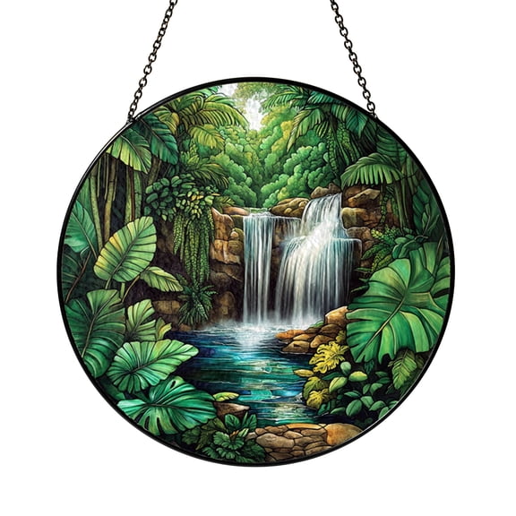 Fantasy Tropical Waterfall Stained Glass Suncatcher, Jungle Window Hanging Decor, Nature Landscape Art Panel, Forest Stream Design, Decorative Home Accent, Gift for Garden Lovers
