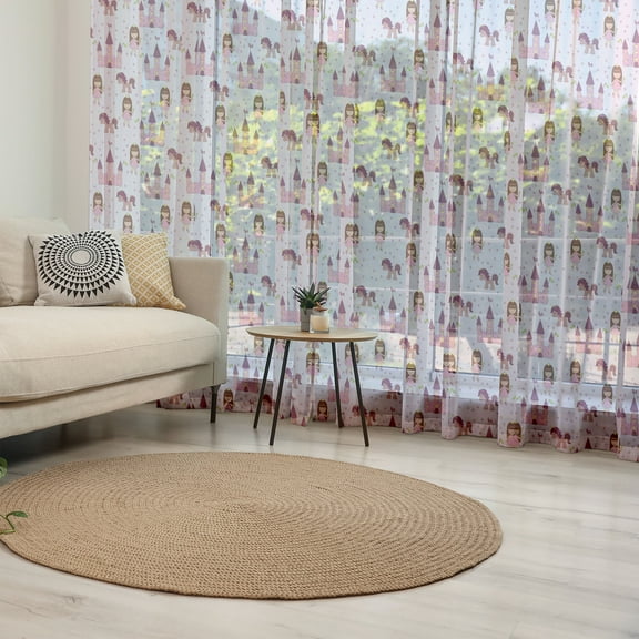 Fantasy Tulle Curtains with Rod Pocket, Cartoon with Castle and Unicorn Stars Background Cartoon Drawing Style, Sheer Drape for Wedding Party 2 Panels, 7 Sizes, Pale Mauve Brown Pink, by Ambesonne