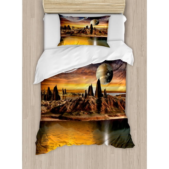 Fantasy Twin Size Duvet Cover Set, Alien Planet with Earth Moon and Mountain Fantasy Sci Fi Galactic Future Cosmos Art, Decorative 2 Piece Bedding Set with 1 Pillow Sham, Multi, by Ambesonne