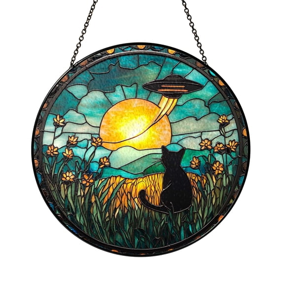 Fantasy UFO Cat Stained Glass Style Window Suncatcher Hanging Decor, Whimsical Decorative Panel Ornament for Cosmic Window Art and Imaginative Theme Home Decoration