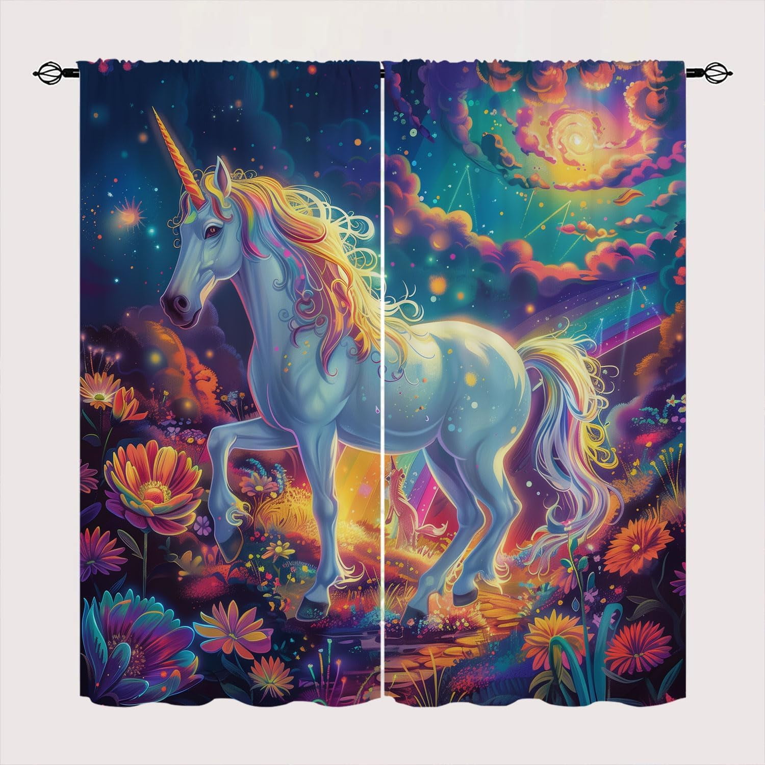 Fantasy Unicorn Blackout Curtains for Kid Girls Boys Bedroom, Enchanted Forest Rainbows Flower Rod Pocket Window Drapes for Bedroom Living Room, W42 x L63 Inch