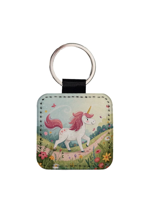 Fantasy Unicorn Children's Illustration Style Faux Leather Square Keychain