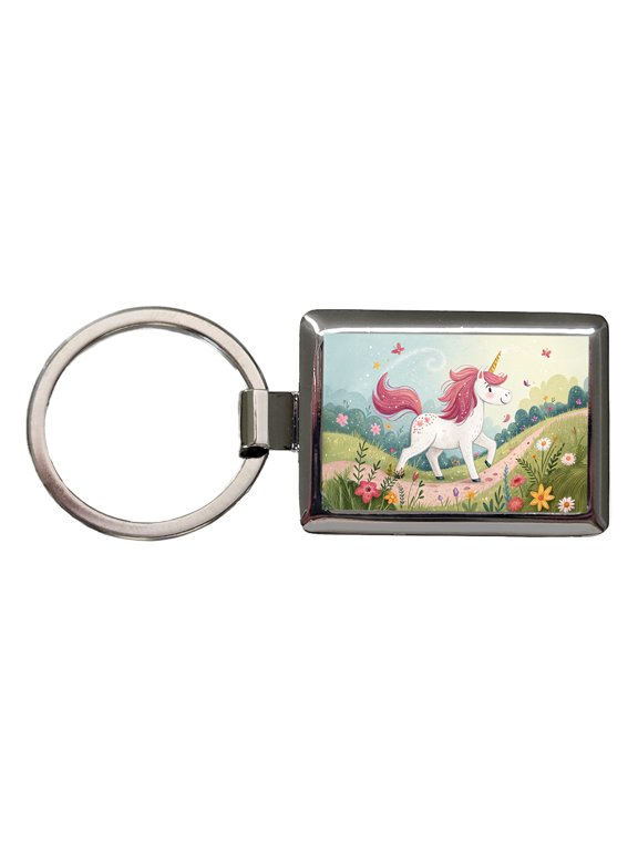 Fantasy Unicorn Children's Illustration Style Metal Rectangle Keychain