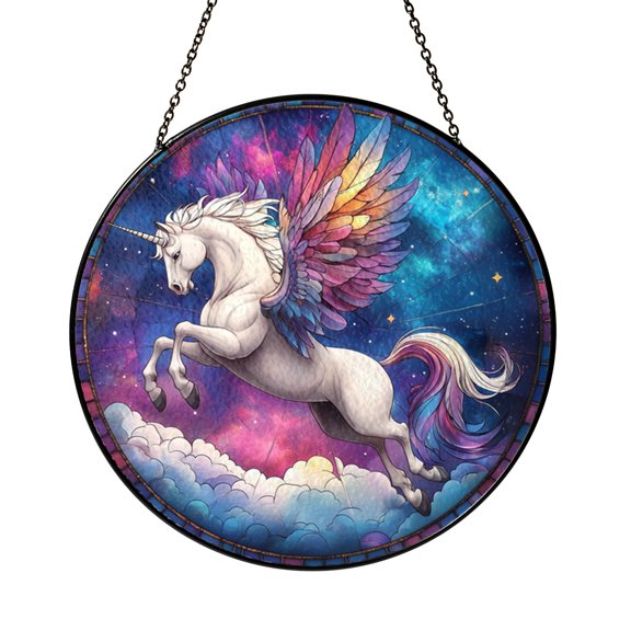 Fantasy Unicorn Galaxy Stained Glass Window Hanging, Decorative Mythical Glass Style Suncatcher Accent
