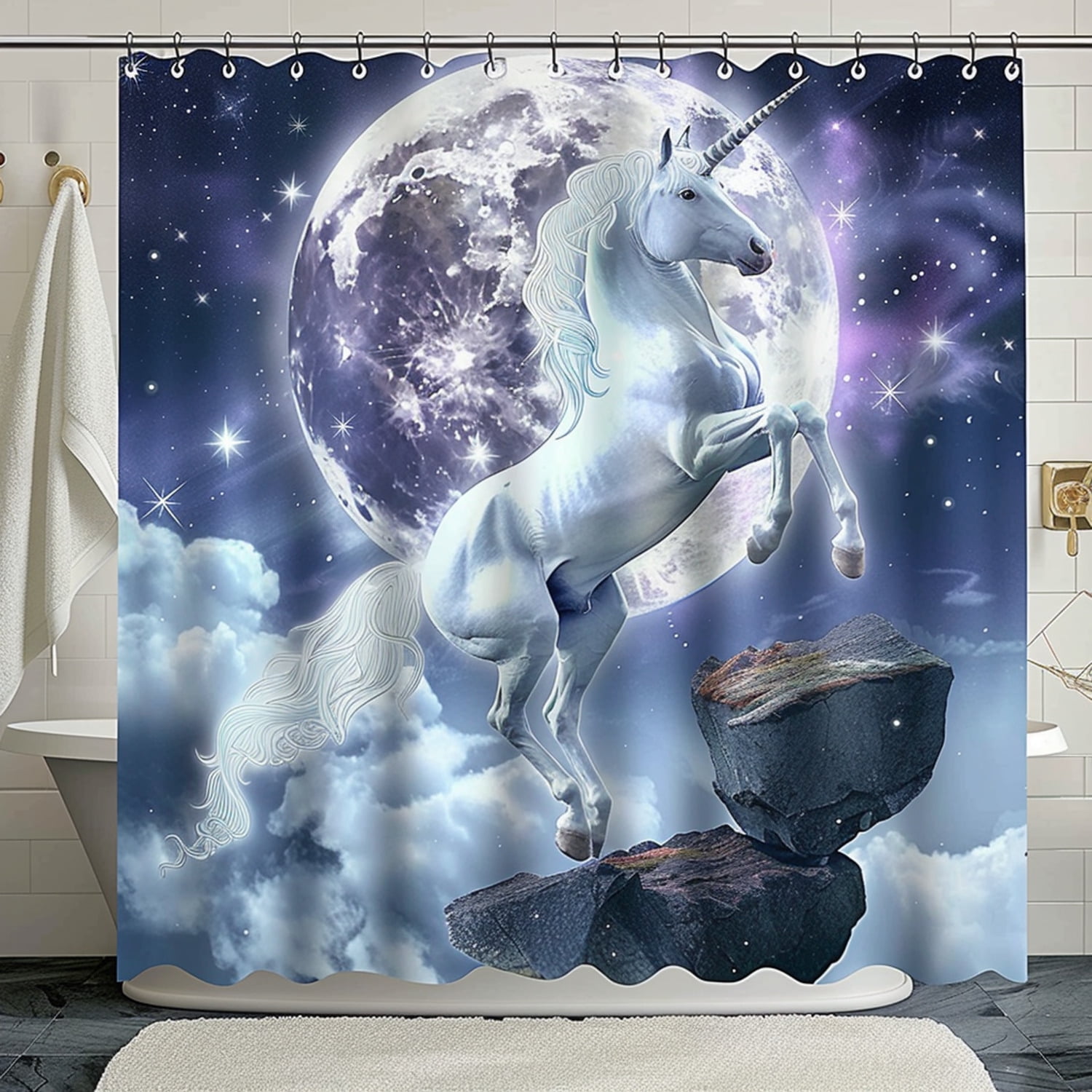 Fantasy Unicorn Shower Curtain Set Dreamy Night Sky Design for Home ...