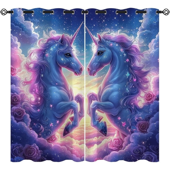 Fantasy Unicorn Starry Sky Blackout Curtains, Cute Animal Pattern Grommet Window Drapes for Living Room Bedroom Kitchen Home Decor 26"W x 45"L (Pack of 2)