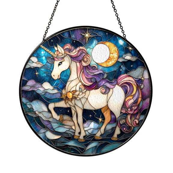 Fantasy Unicorn Under Cosmic Sky Stained Glass Style Window Suncatcher Decor, Enchanting Decor Gift