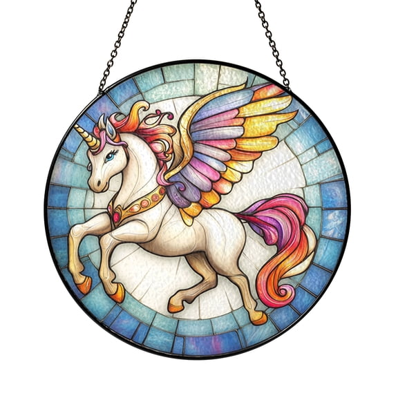 Fantasy Unicorn Winter Stained Glass Window Decor, Enchanted Art Panel for Bright Whimsical Homes