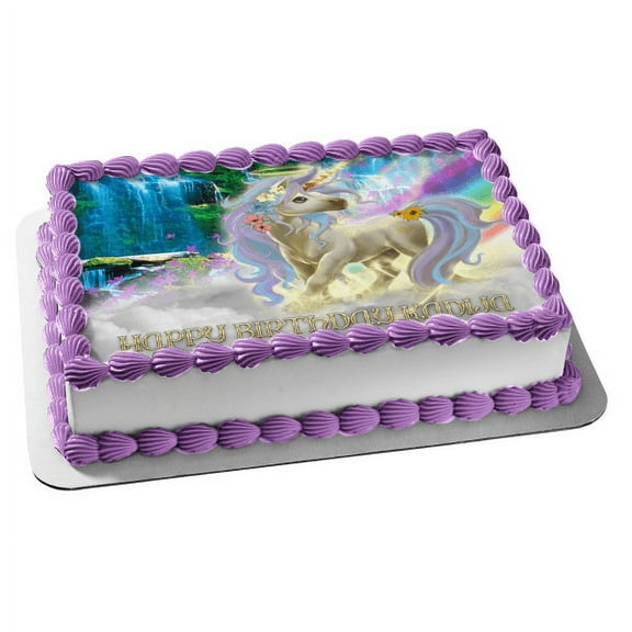 Fantasy Unicorn with a Halo Waterfall Rainbow Background Edible Cake Topper Image ABPID56670