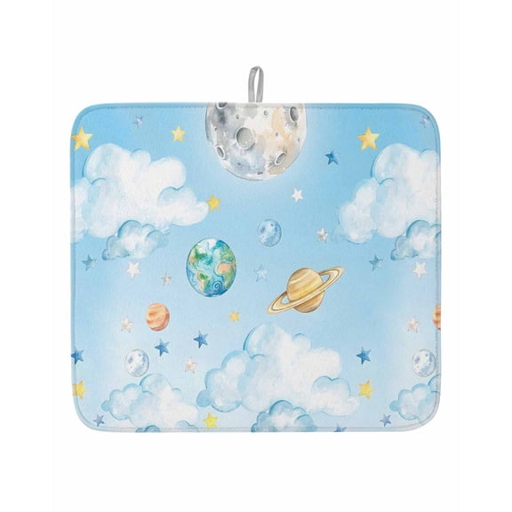 Fantasy Universe Planet Cloud Dish Drying Mats for Kitchen Counter,Absorbent Microfiber Dish Drainer Rack Mat Blue and Yellow Stars Drying Pad for Sinks,Utensils,Countertops,16x18in