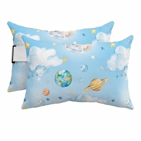 Fantasy Universe Planet Cloud Outdoor Pillow for Chaise Lounge Chair,Blue and Yellow Stars Waterproof Headrest Lumbar Pillows with Insert&Elastic Strap for Patio Pool Garden Chairs Decor,2 Pack
