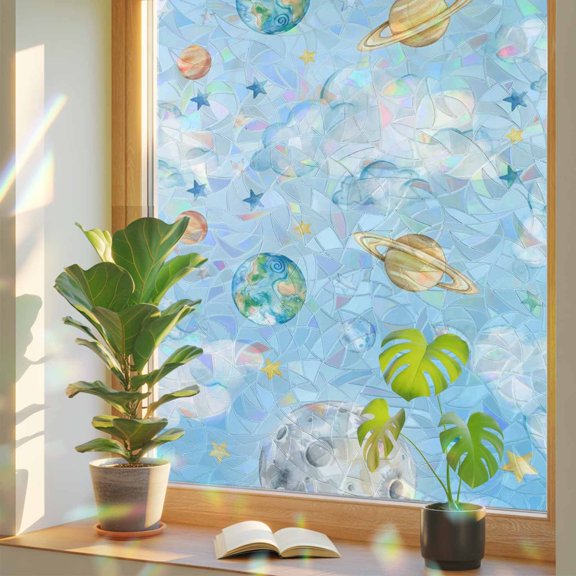 Fantasy Universe Planet Cloud Window Privacy Film, Rainbow Film Decorative Window Sticker 17.7x39.3in, Blue and Yellow Stars Sun Blocking Static Stained Glass Cling Tint Non-Adhesive