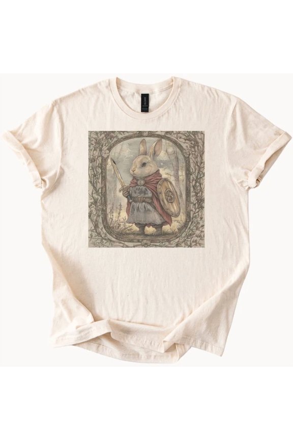 Fantasy Warrior Bunny Holding Sword And Shield Medieval Rabbit Graphic Shirt Size S-5Xl Heygategoo Tee