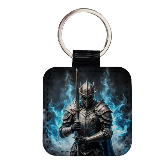 Fantasy Warrior Knight Blue Flames Faux Leather Square Keychain