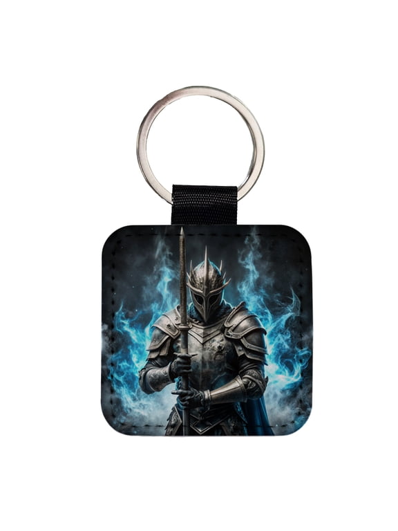 Fantasy Warrior Knight Blue Flames Faux Leather Square Keychain