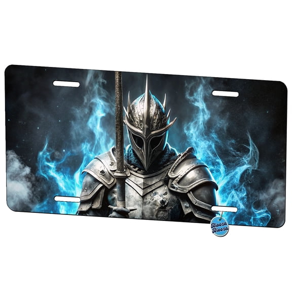 Fantasy Warrior Knight Blue Flames Metal Novelty License Plate