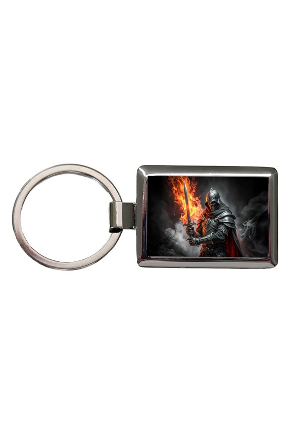 Fantasy Warrior Knight with Flaming Sword Metal Rectangle Keychain